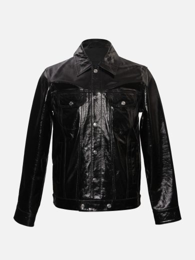 Nexus – Foiled Leather Button-Up Jacket – Black