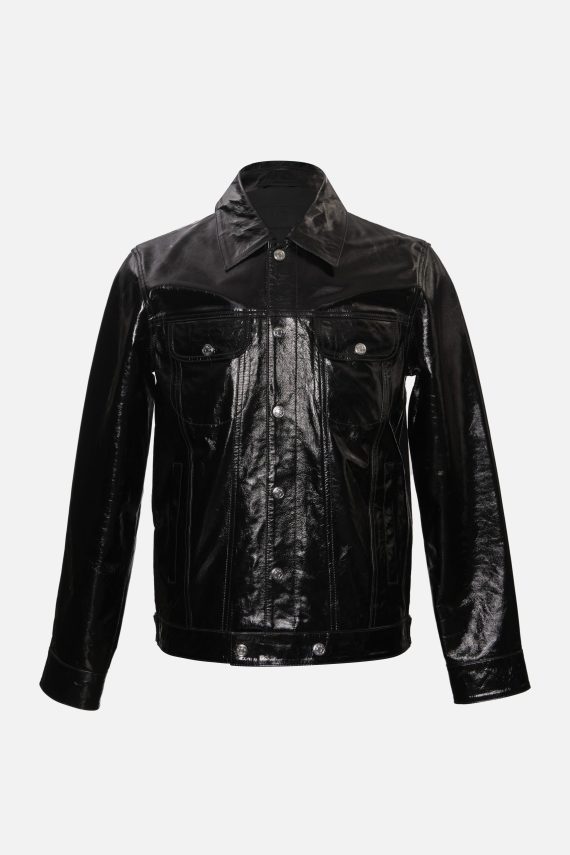 Nexus – Foiled Leather Button-Up Jacket – Black