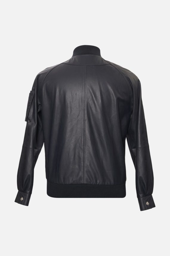 Men’s Black Leather Bomber Jacket - Image 2