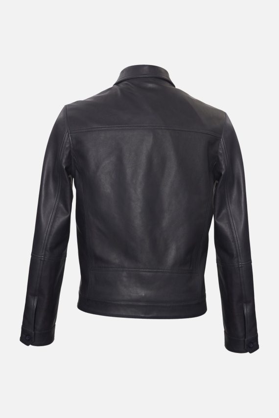 Men’s Black Leather Shirt Collar Jacket - Image 2